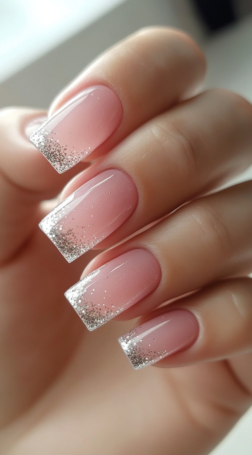 A close-up of square-shaped nails with a soft pink base and fine silver glitter applied in a French tip design.