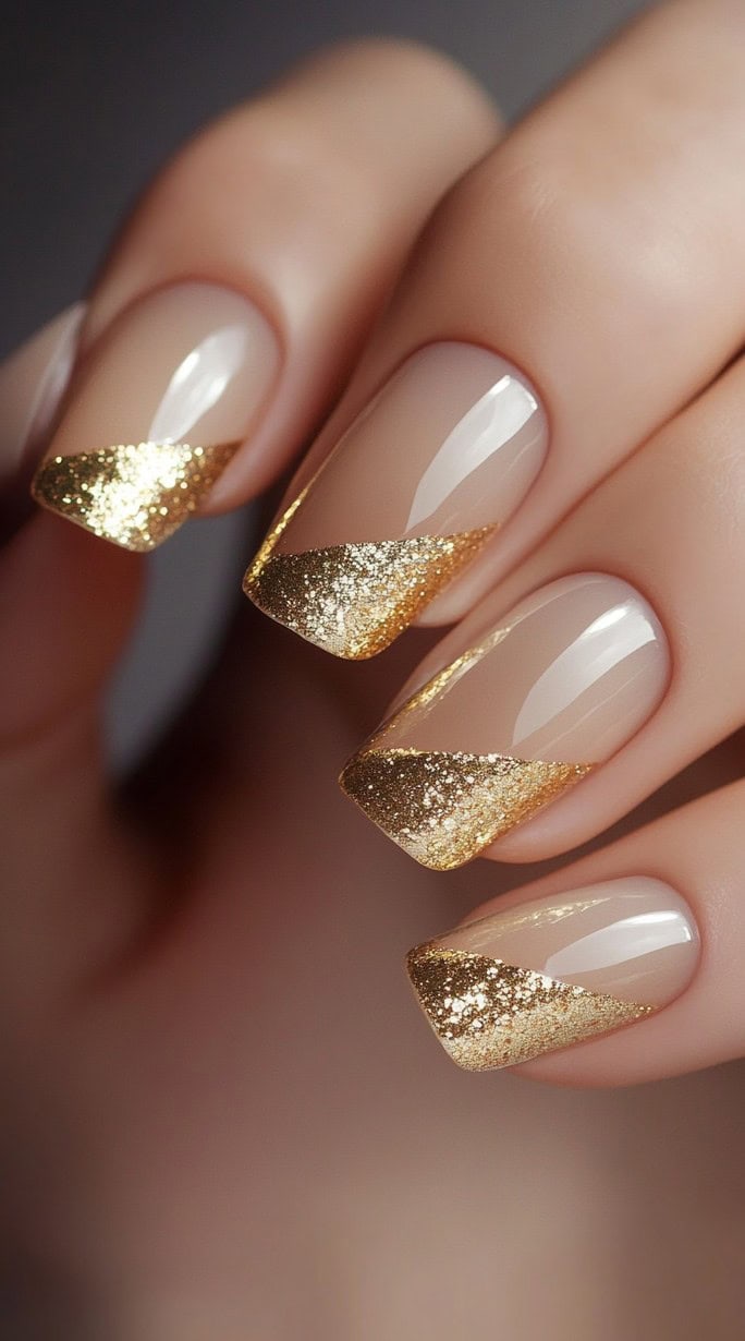 Square-shaped nails with a nude base and gold glitter French tips for a timeless yet glamorous wedding look.