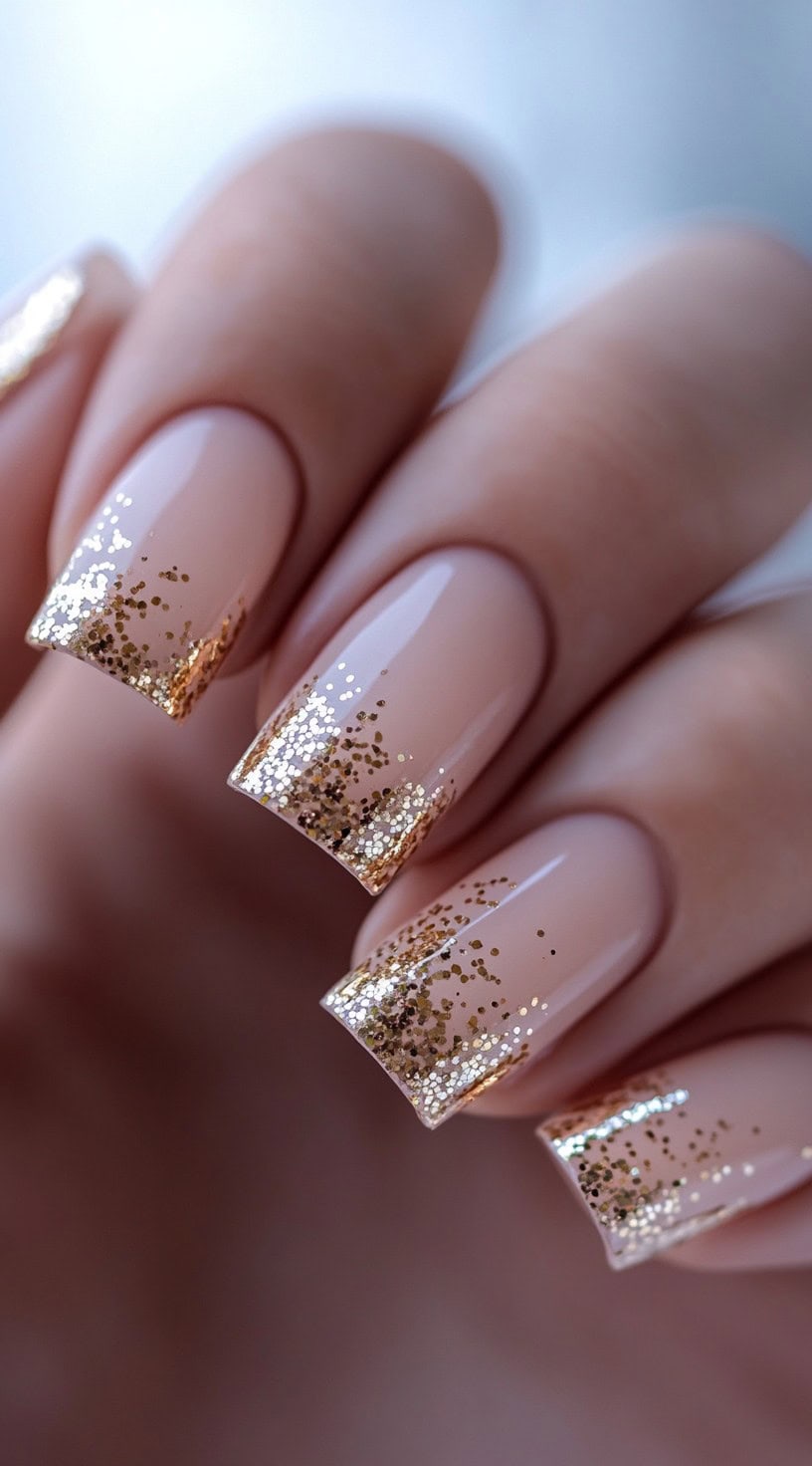 A hand with square-shaped nails featuring a nude base with precise gold glitter French tips, creating an elegant, timeless design.