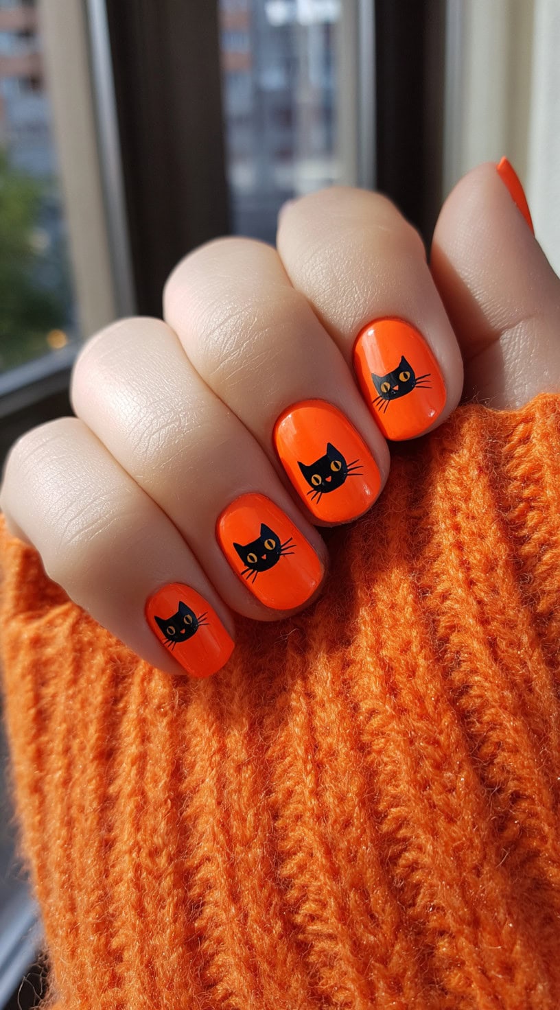 Short rounded nails painted a vibrant Halloween orange, each decorated with a simple black cat face and whiskers.
