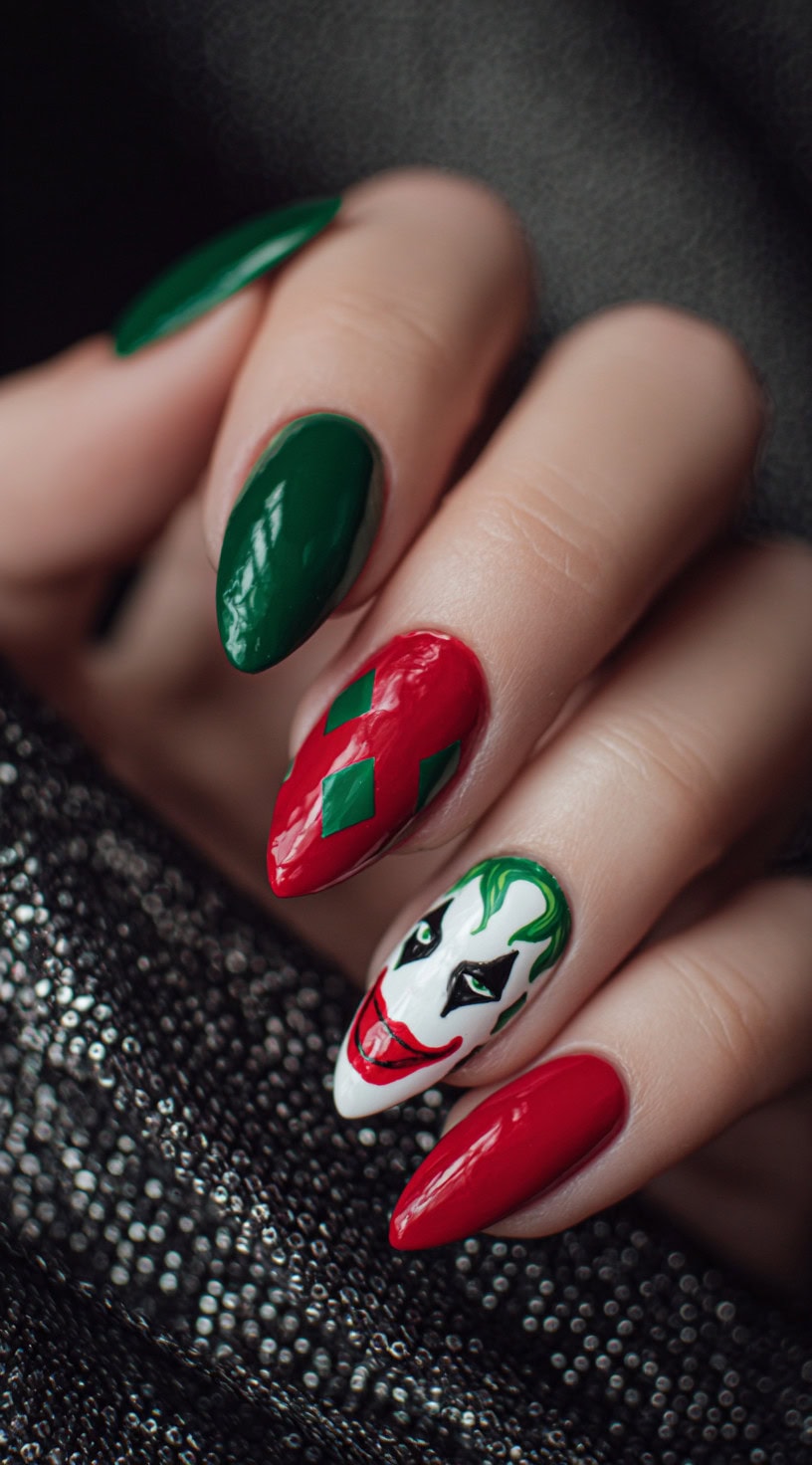 Almond-shaped nails with solid red and green polish, diamond pattern, and one nail featuring a comic-style Joker face.
