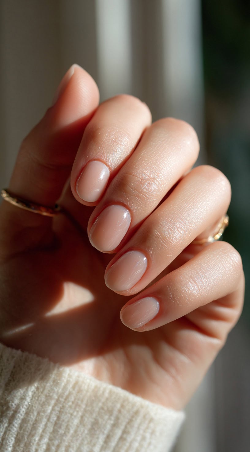 Short oval-shaped nails painted in a sheer nude-pink gloss with a high-shine finish.