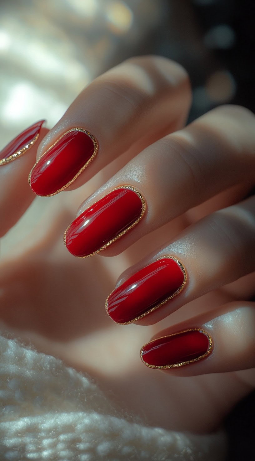 A hand with square-shaped nails painted in a deep, glossy red with a fine gold outline tracing the edges for a sophisticated and timeless look.