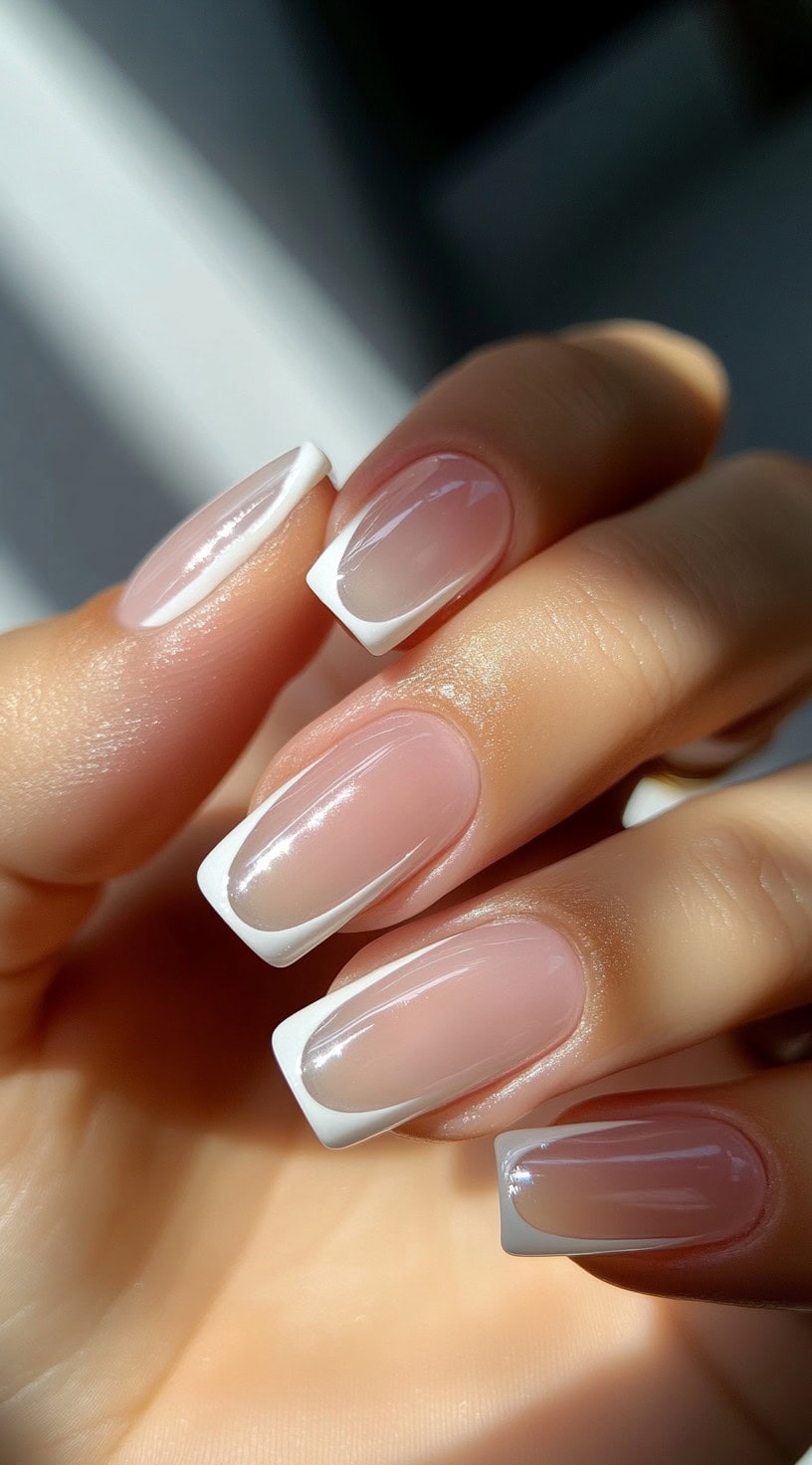 A close-up of a bride's hand with short, square-shaped nails featuring a sheer pink base and crisp, bold white French tips, creating a timeless and elegant wedding look.