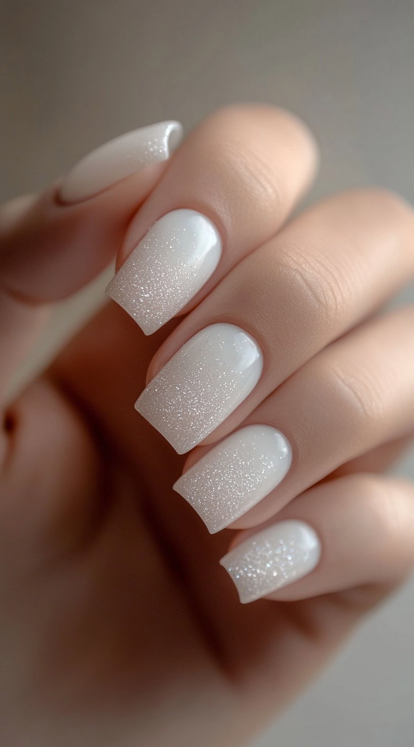 A close-up of square-shaped nails with a seamless white ombre effect, dusted with fine silver glitter for a soft sparkle.