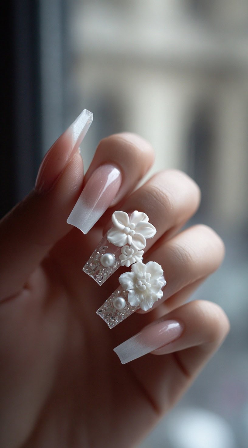 Long coffin nails featuring a soft ombré base and two accent nails adorned with 3D white flowers, pearls, and crushed foil.