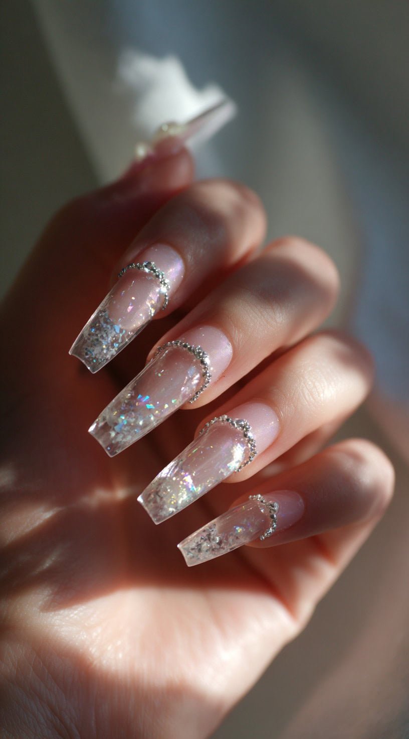 Long clear coffin nails with chunky holographic glitter tips and silver rhinestone arcs accenting each cuticle.