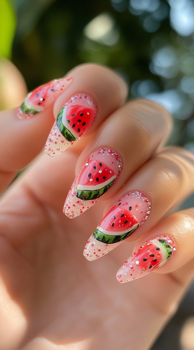 Medium-length nails with translucent pink glitter and layered watermelon slice illustrations near the tips.