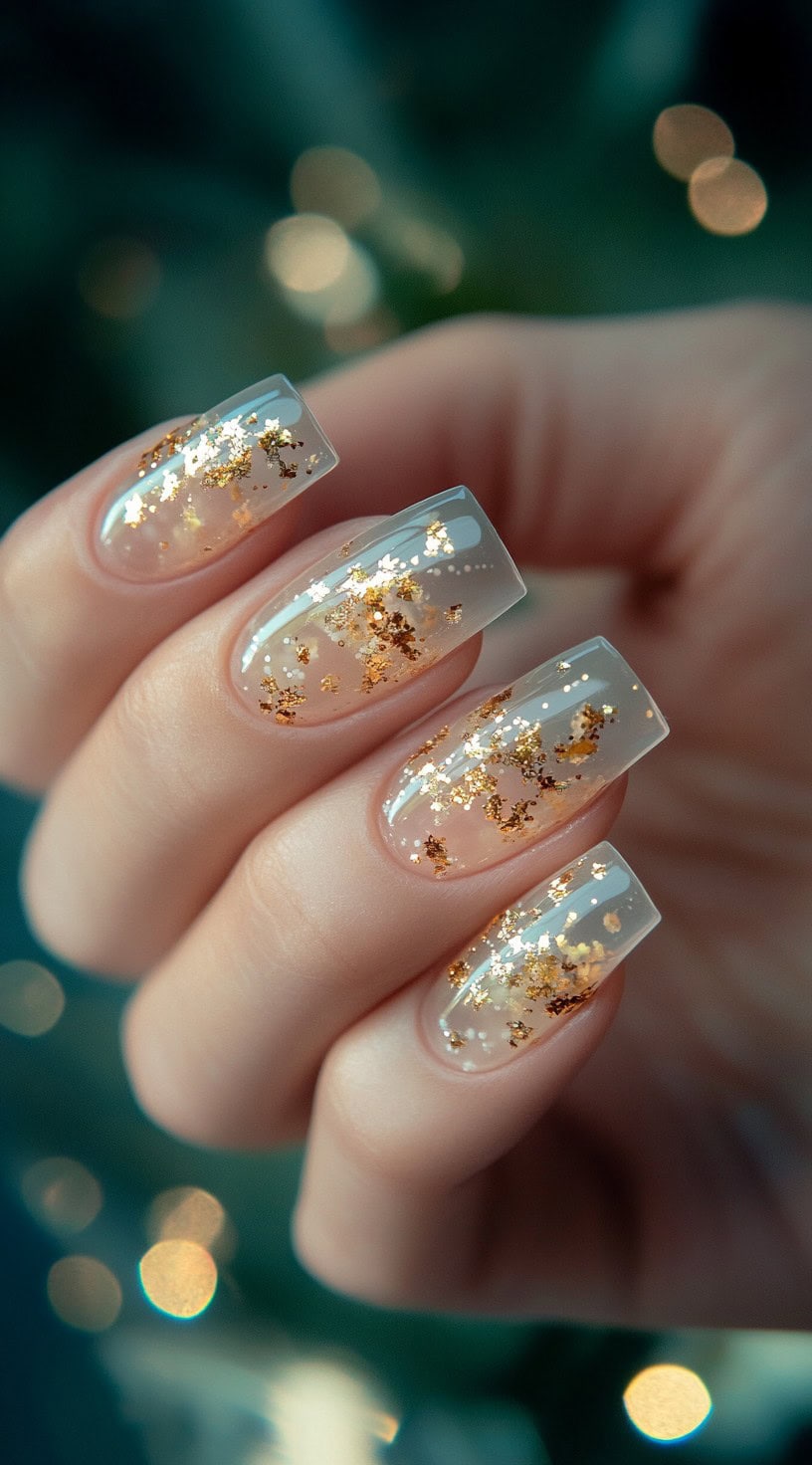 Transparent nails with soft gold foil accents floating over a sheer, glossy base, creating a delicate and sophisticated look.