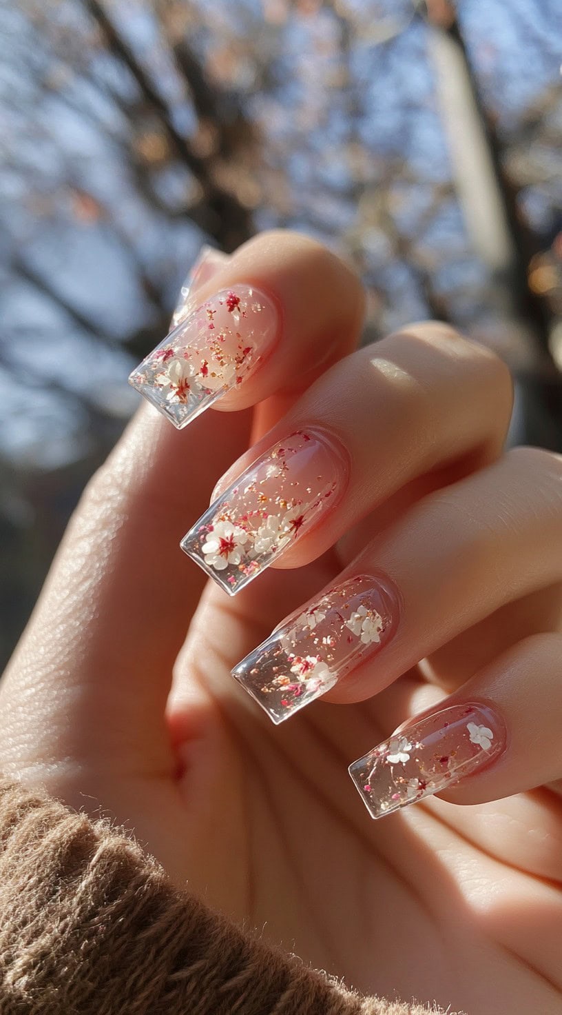 Square-shaped clear nails with real dried flower pieces and red-gold foil flakes inside.