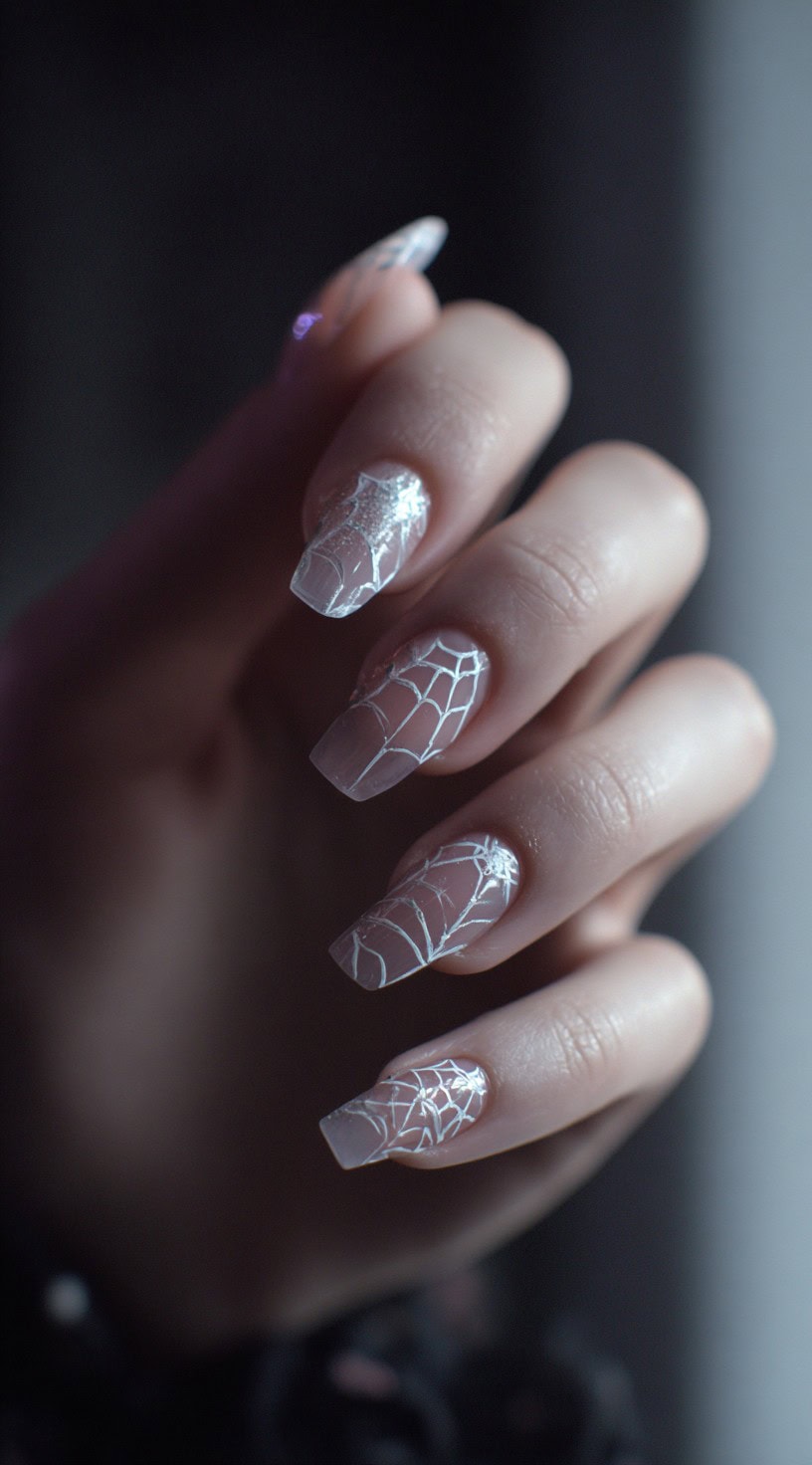 A hand with clear square-shaped nails featuring bright white spiderwebs on a translucent base.