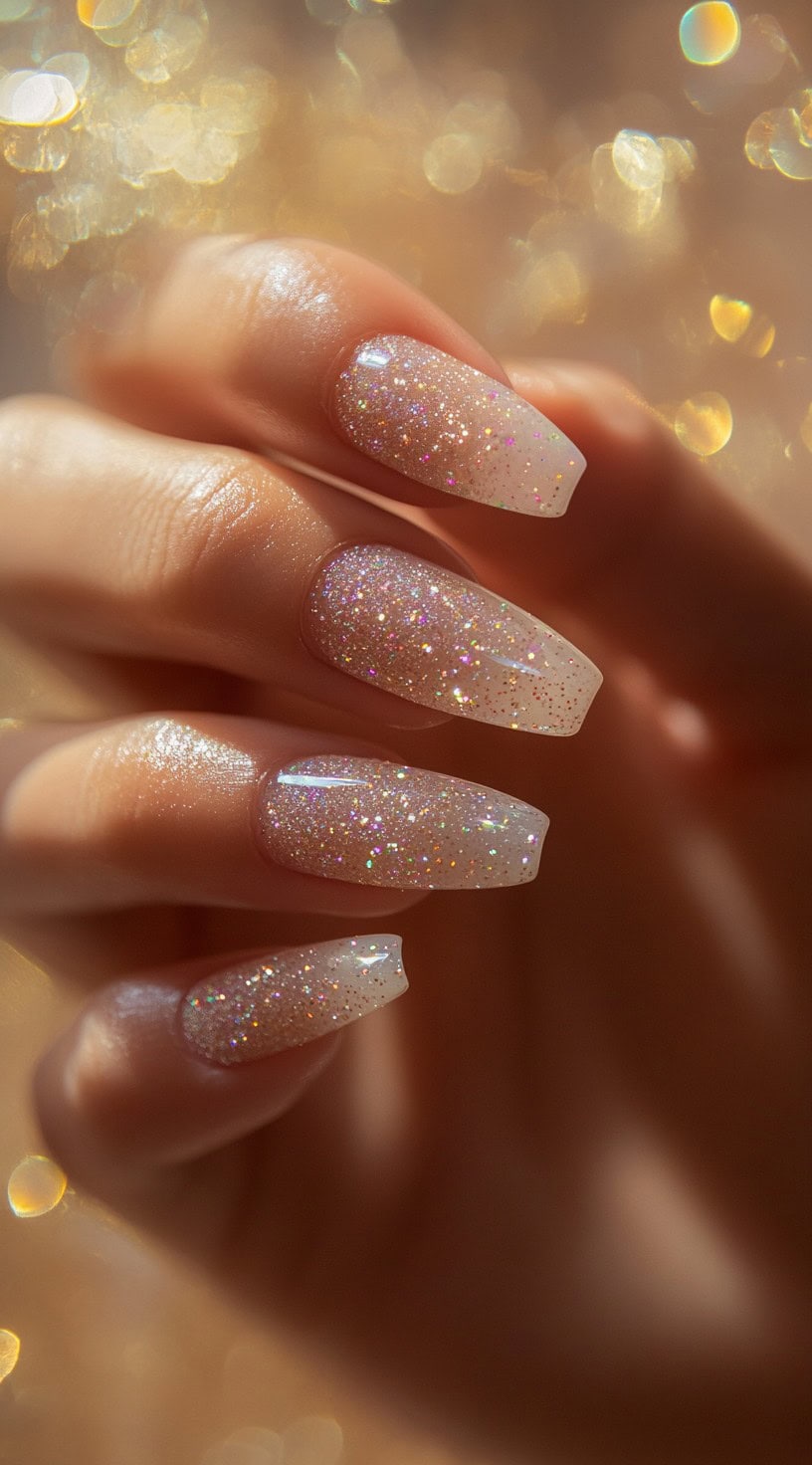 Coffin-shaped nails with a milky white ombre base and holographic glitter overlay catching the light.