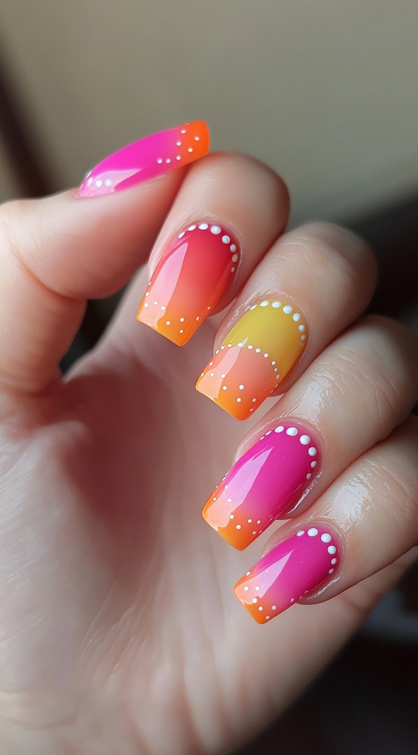 Square-shaped nails in a pink, orange, and yellow color block design with white dotted outlines and glossy finish.