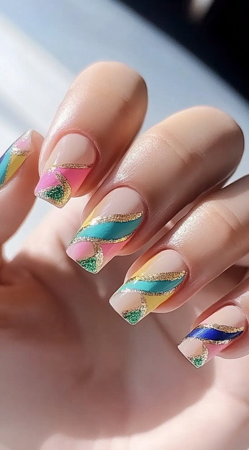 Square nails with colorful geometric swirls outlined in gold glitter.