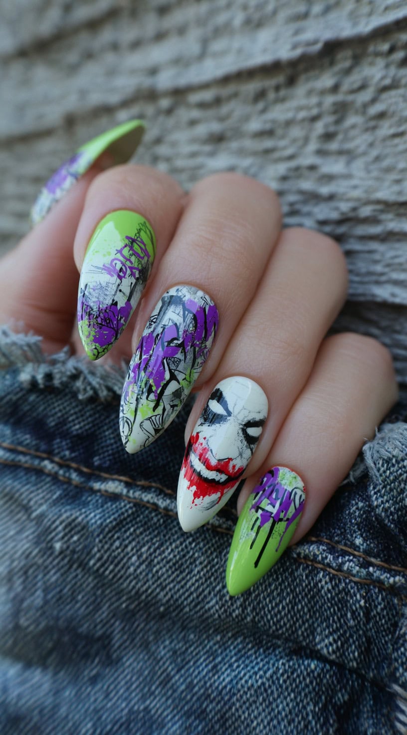 Long nails combining lime green, purple, and off-white, with Joker's face and graffiti-like text and splatter effects.