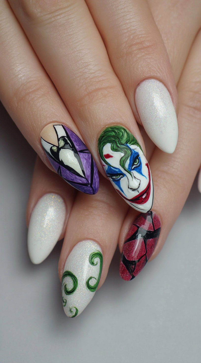 A close-up of almond-shaped nails featuring a vivid Joker face, purple and red geometric designs, white shimmer base, and green swirl accents.
