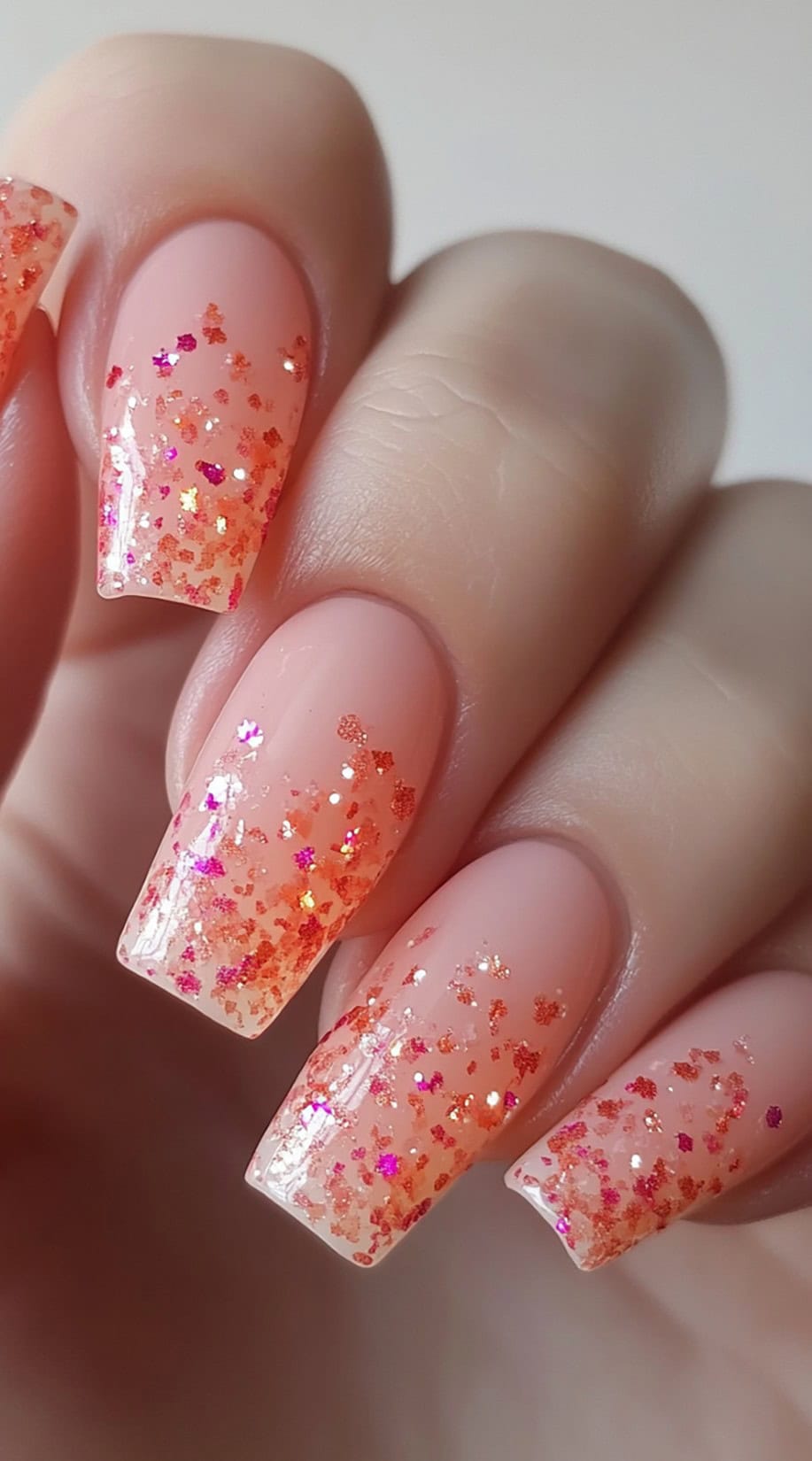 Coffin-shaped nails with a nude base that gradually transitions into a coral pink and orange glitter fade at the tips.