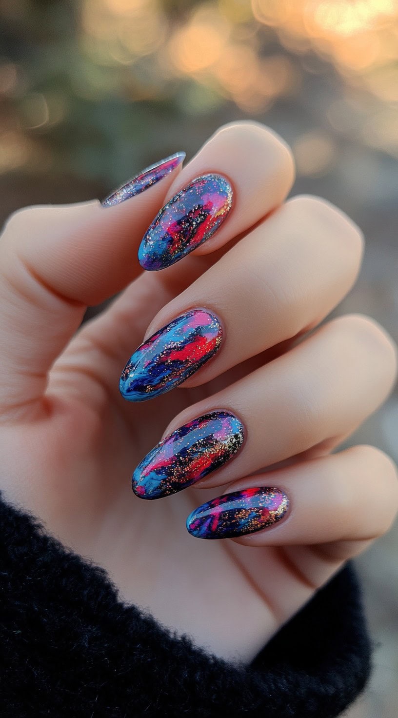 A hand with almond-shaped nails painted in a cosmic red and blue galaxy pattern, featuring scattered gold glitter accents for a starry effect.