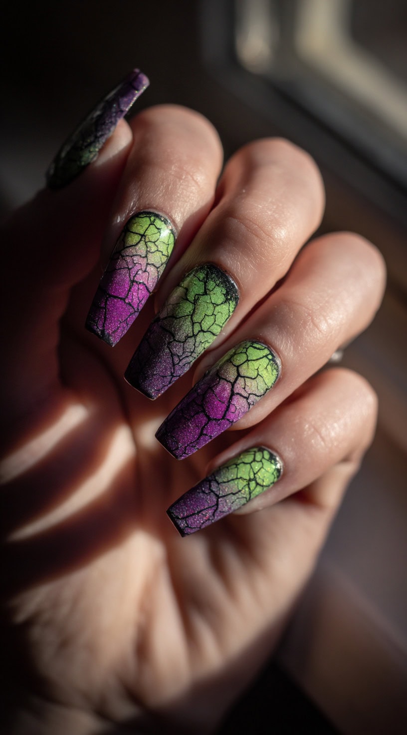 Nails feature an ombre chrome effect shifting from lime green to purple with a black crackle top layer.