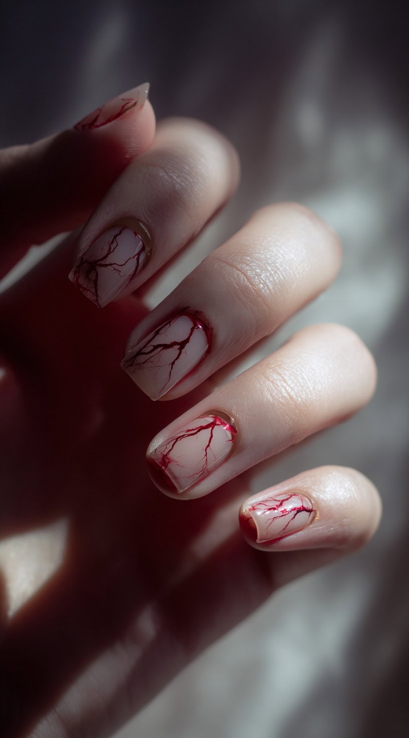 Short, square nude nails with fine red vein-like lines mimicking cracked blood vessels.