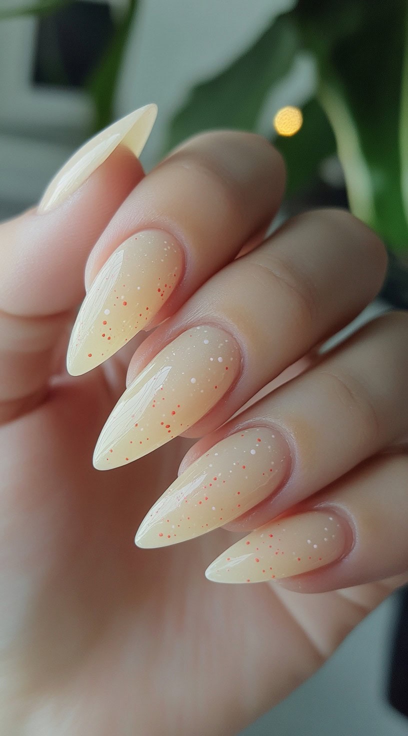 Almond-shaped creamy nude nails with delicate white and coral speckles, creating a soft, airy aesthetic.
