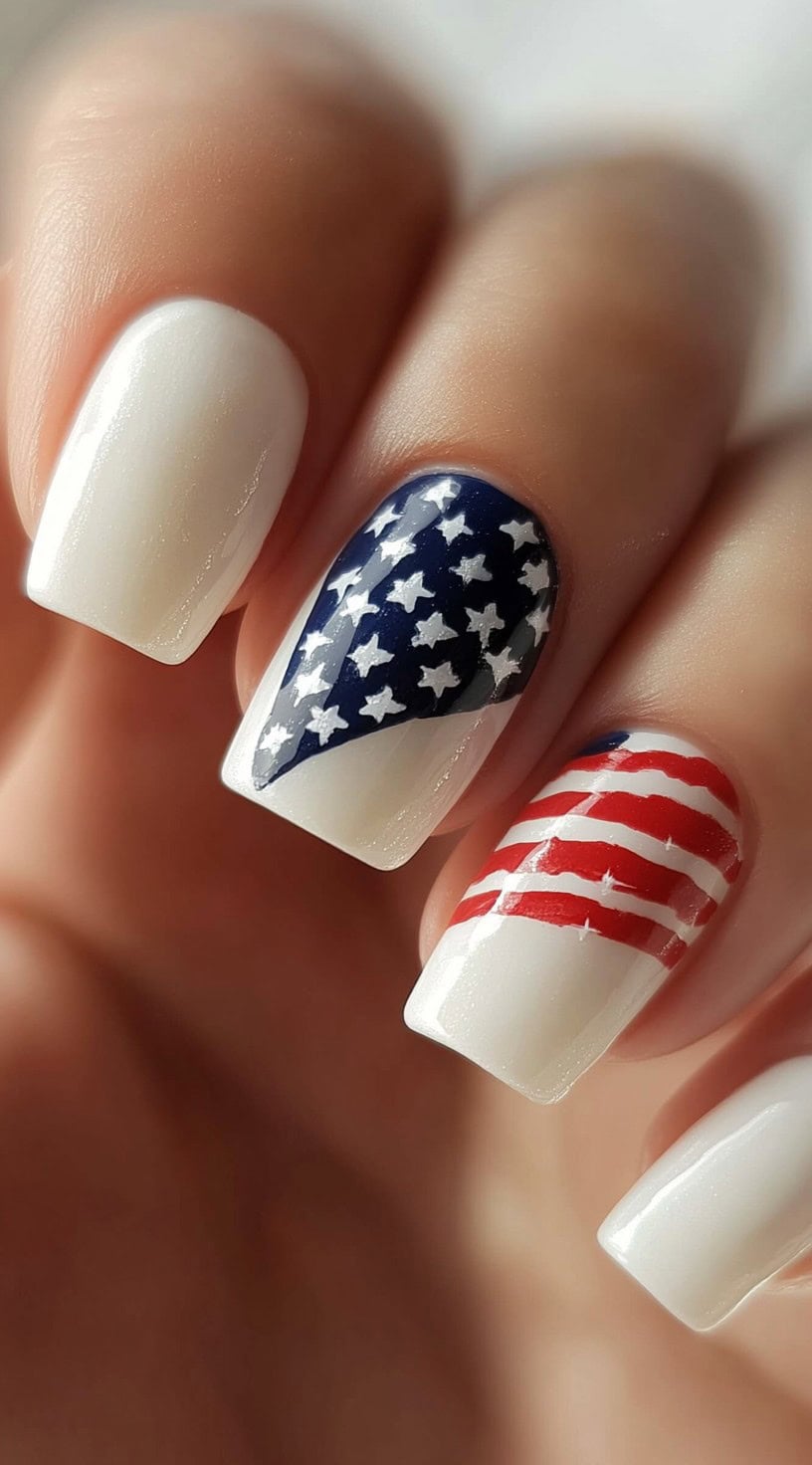 Square-shaped nails painted in glossy white, with two accent nails featuring an American flag design.