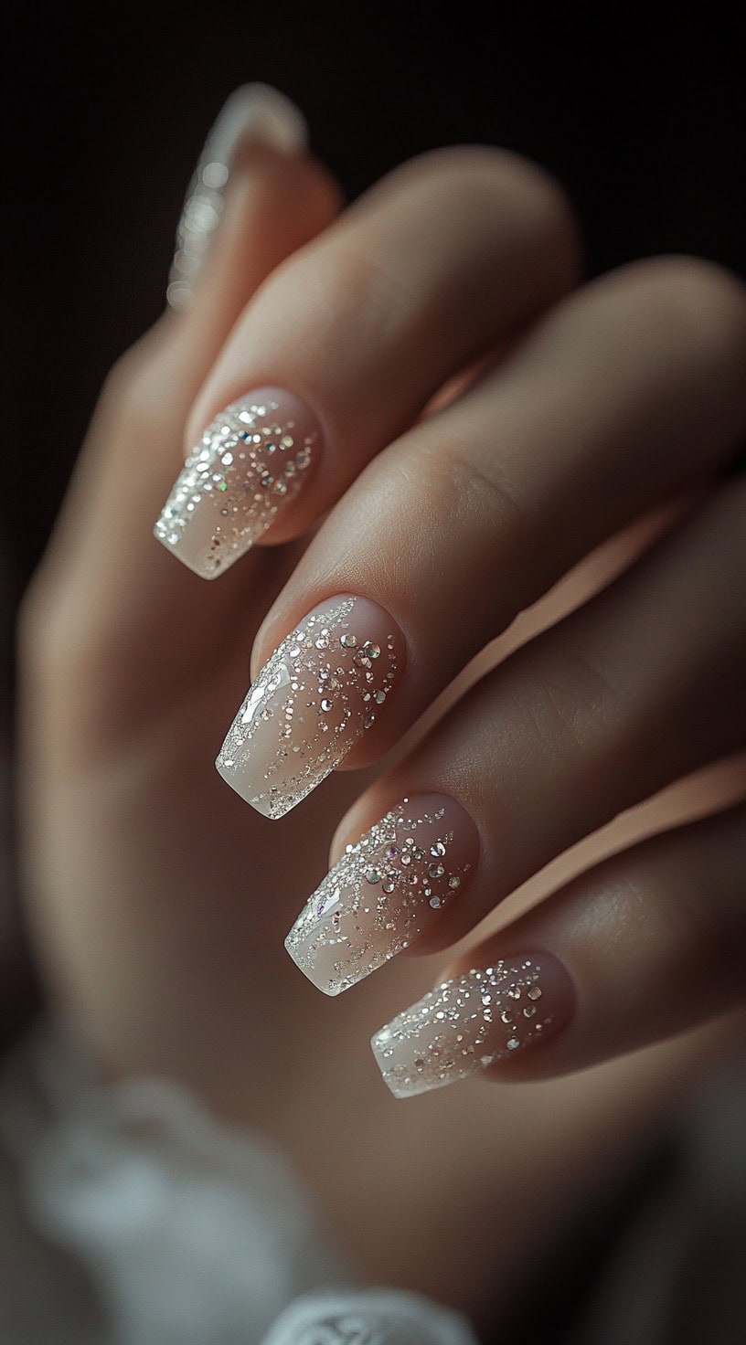 A set of square nails with a sheer pink base, topped with dazzling crystals and fine iridescent glitter.