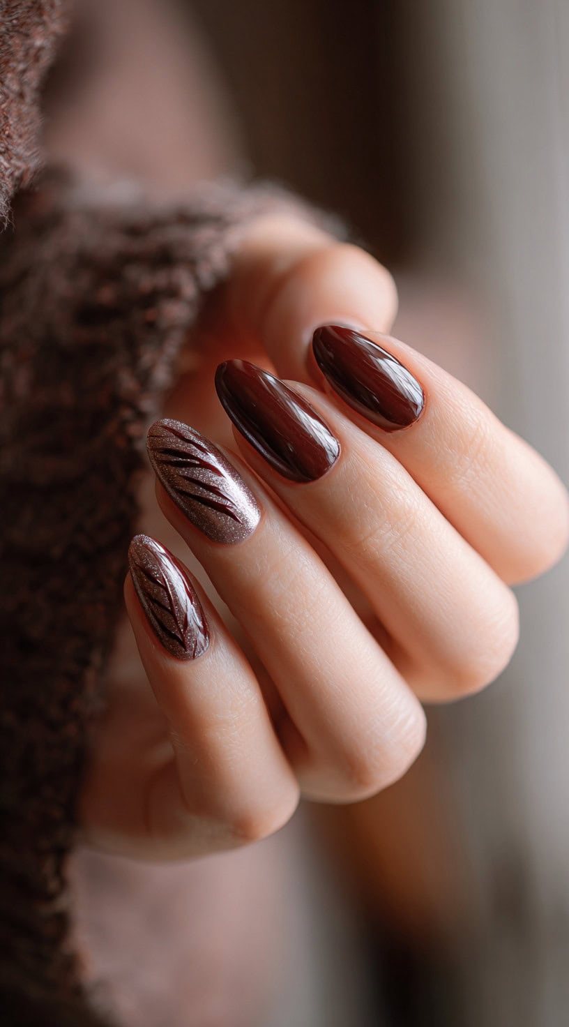 Almond nails painted in rich chocolate brown and shimmer, with two accent nails featuring sharp black scratch marks on a glitter base.