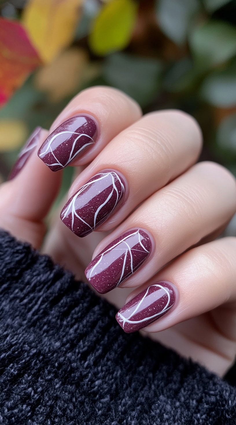 A close-up of a hand with deep burgundy nails featuring delicate white vine-like patterns over a glossy, glittery base.