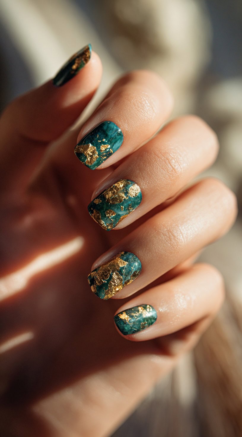 Short square nails in dark emerald jade marble heavily flecked with irregular chunks of bright gold foil.