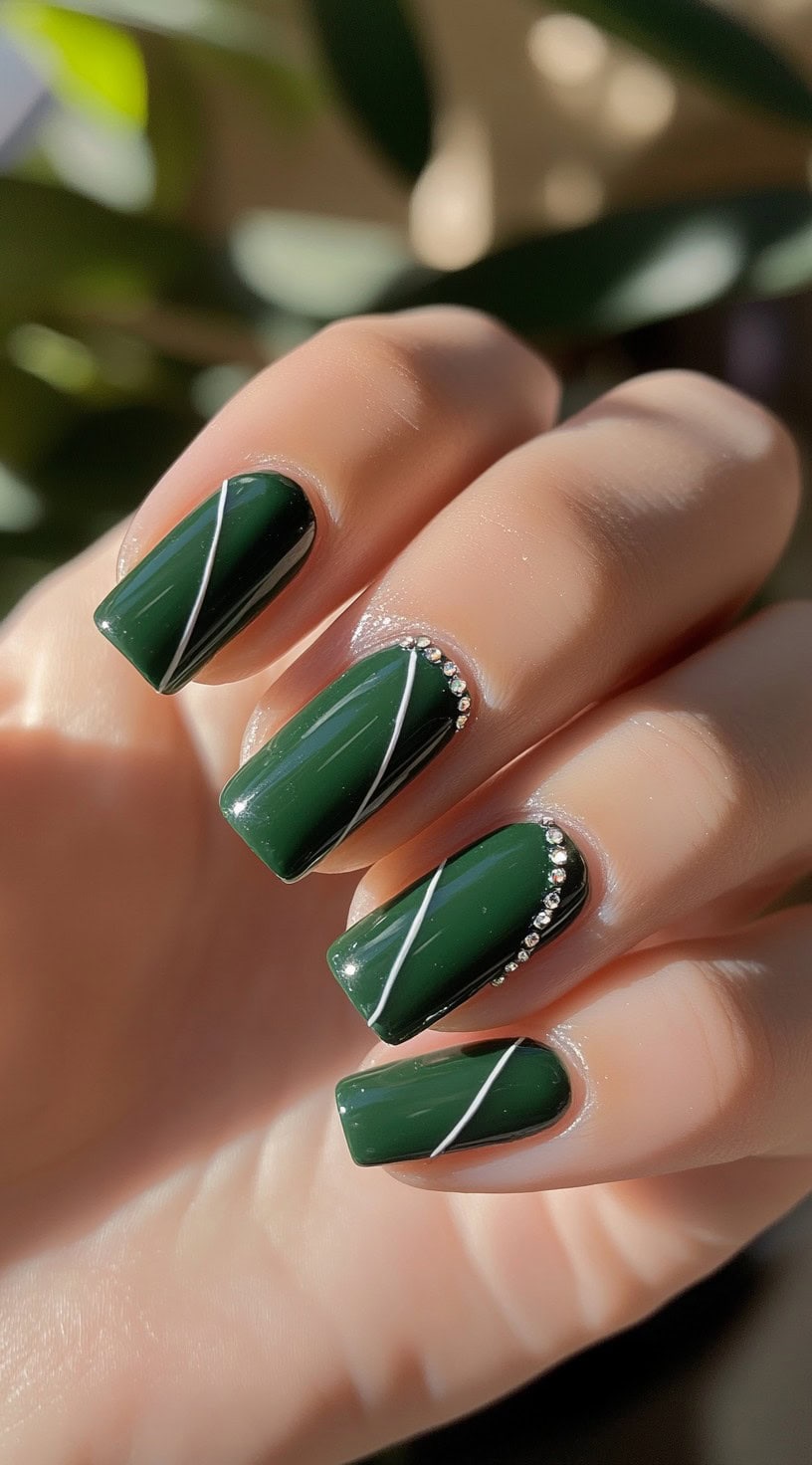 A set of square-shaped nails in a bold deep green shade, enhanced with sleek white line art and sparkling rhinestone embellishments.