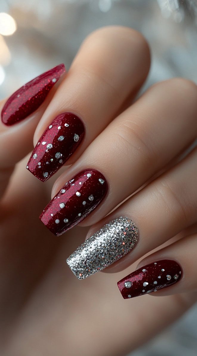 A set of deep red coffin-shaped nails featuring scattered silver glitter dots, with one accent nail covered entirely in silver glitter.