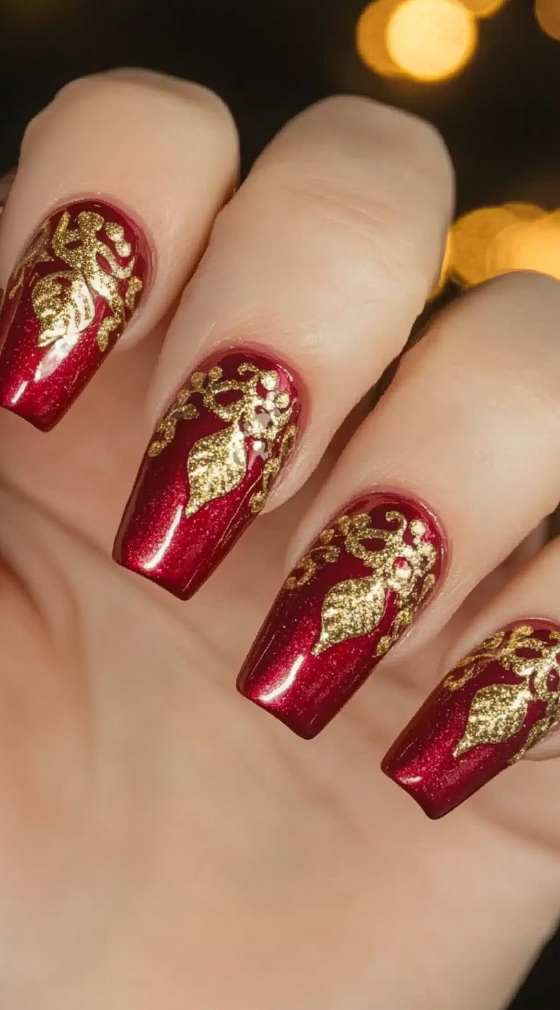 A set of coffin-shaped nails with a deep red metallic finish, adorned with intricate gold filigree patterns, against a softly lit wedding-themed background.