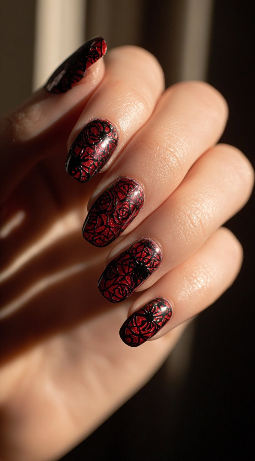 A hand with deep red glitter nails covered in black spiderweb stamping and tiny black spiders.