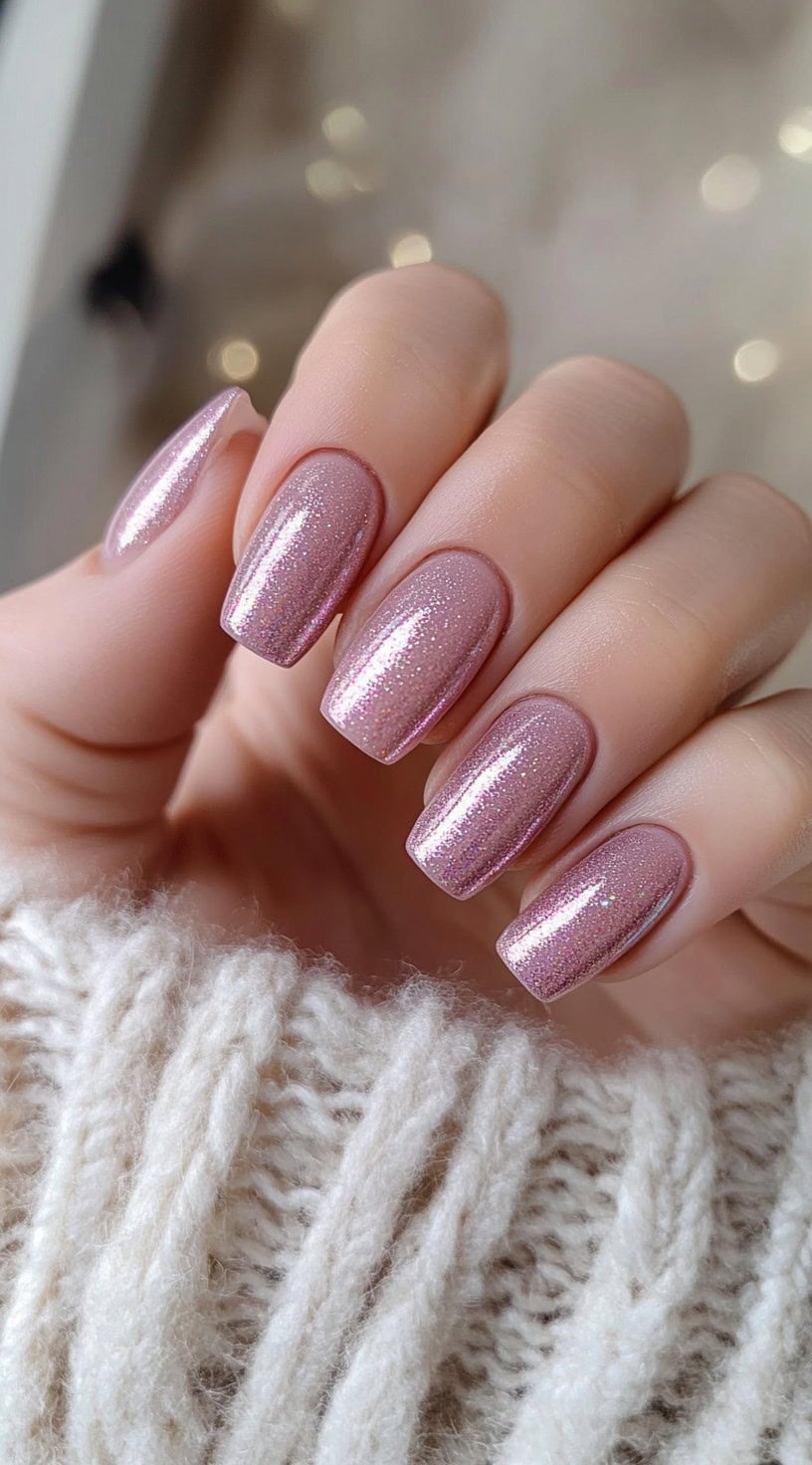 Square nails fully painted in a shimmery dusty rose polish with fine glitter reflecting light.