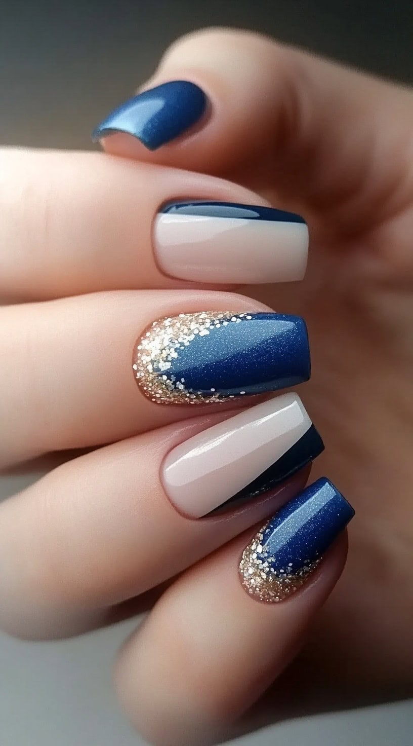 A hand with a sophisticated nail design featuring a mix of deep navy, soft nude, and glittery gold accents on square nails.