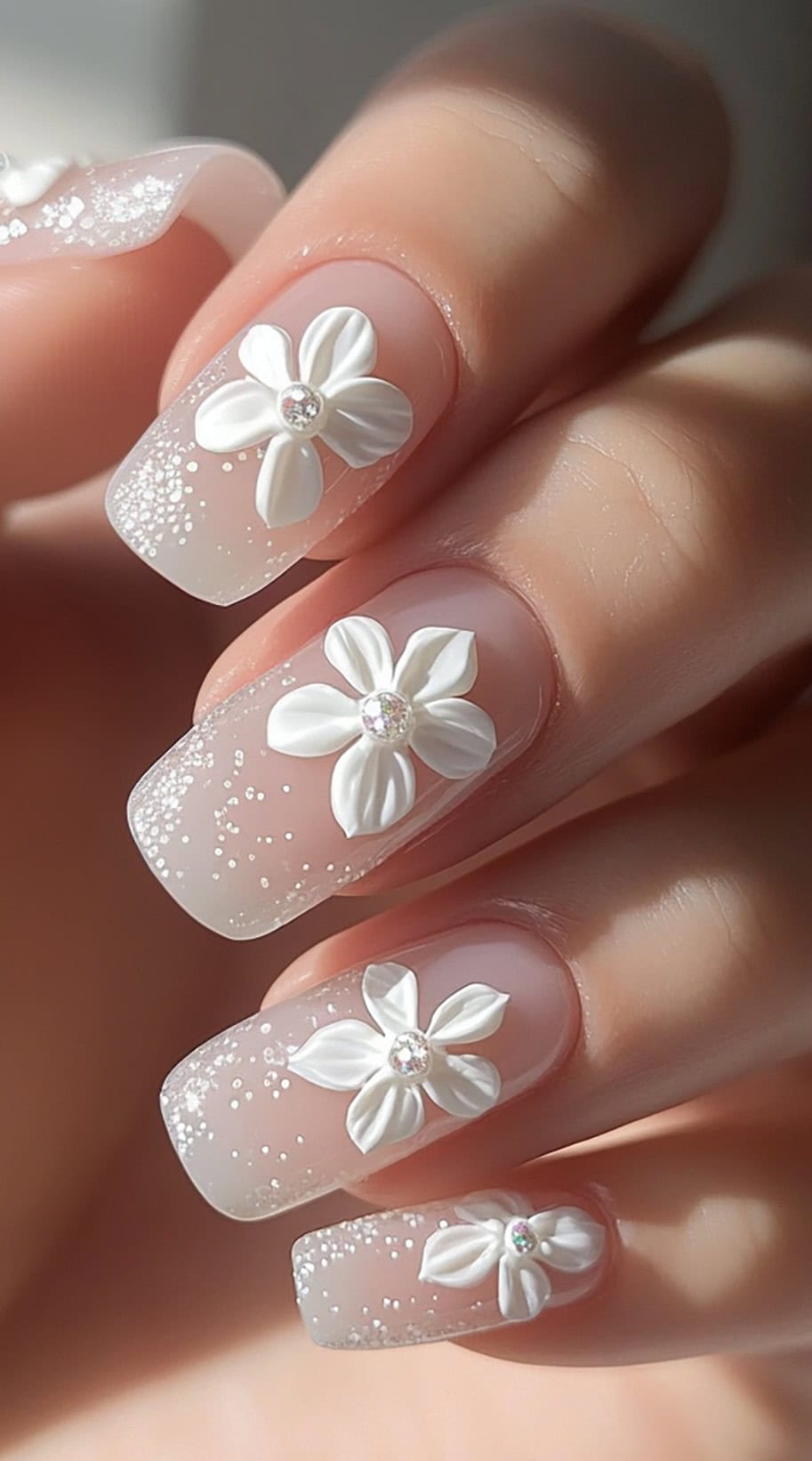 A set of soft square nails with a sheer pink base, delicate white 3D flowers, subtle glitter accents, and small rhinestones at the center of each flower.