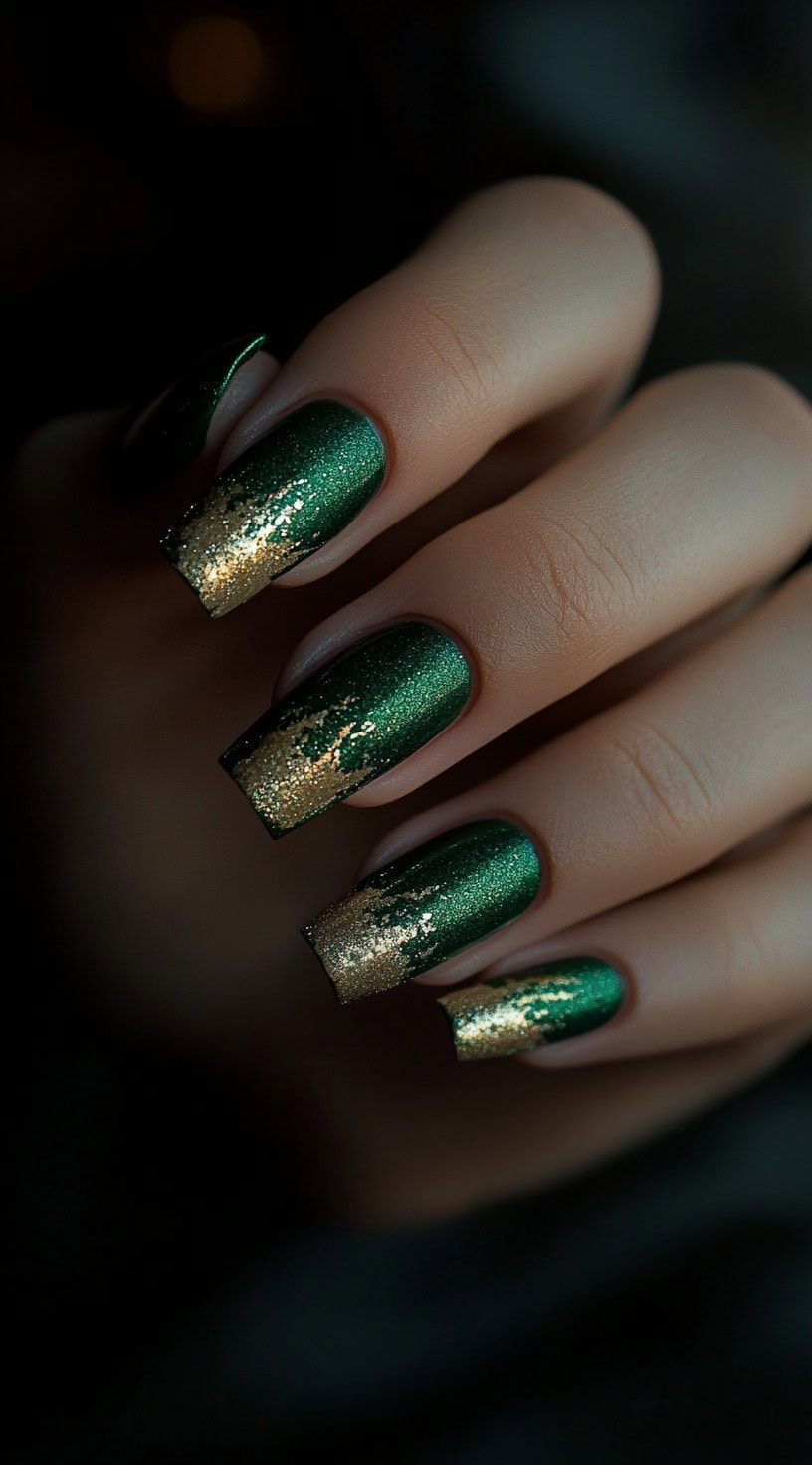 Square-shaped emerald green nails with gold glitter fading from the tips.