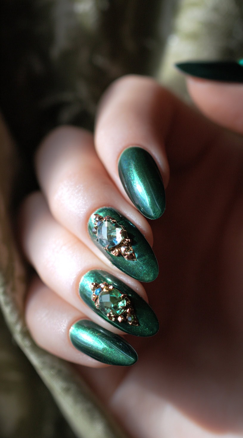 Shimmering green almond nails are adorned with large jewel accents framed in gold metal for a treasure-like effect.