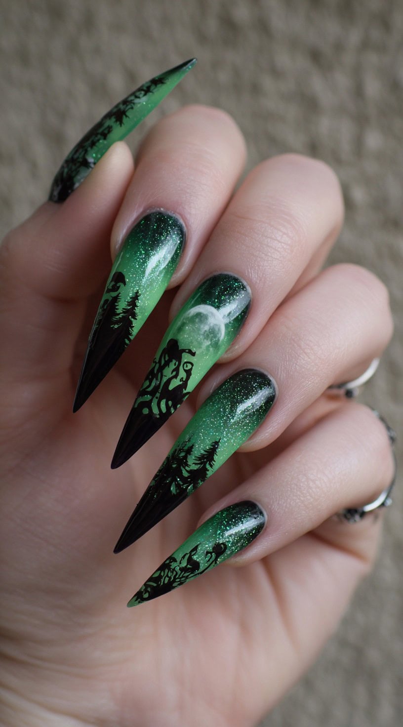 Hand with long stiletto nails featuring green ombre, glitter, and black silhouettes of twisted trees and a full moon.