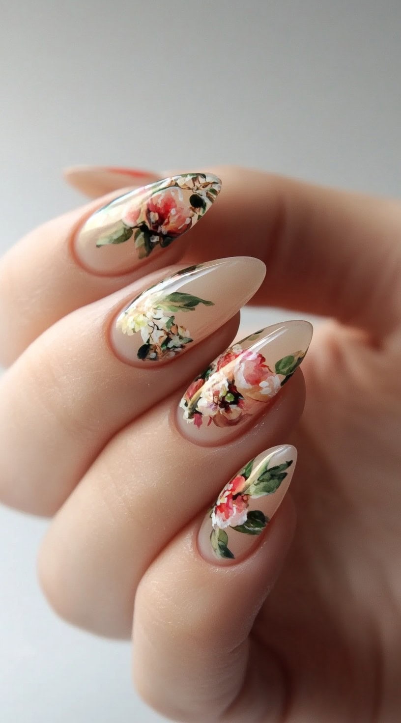 Almond-shaped nails with a garden floral design in pastel shades.