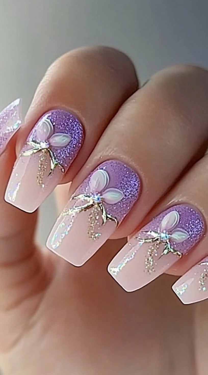 Square-shaped nails with a gradient of soft pink and purple glitter, adorned with delicate 3D floral accents and gold shimmer details.