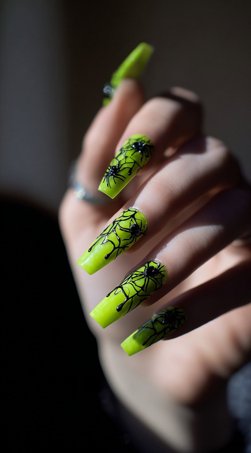 A hand with long coffin nails painted neon green and decorated with black 3D spiders, dripping polish, and intricate webs.