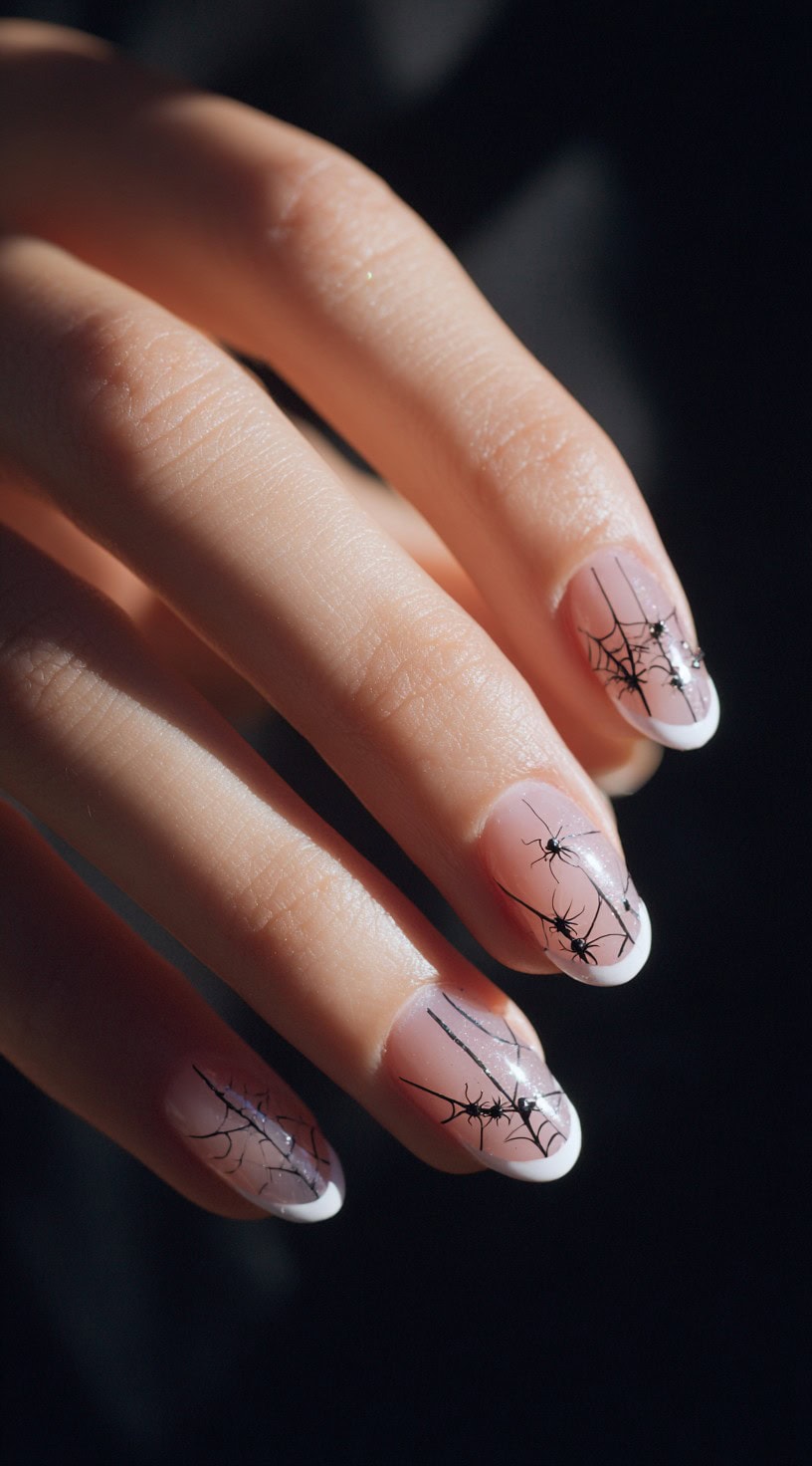 A close-up of short oval French tip nails on a clear base, detailed with black spider webs and tiny black spider drawings.