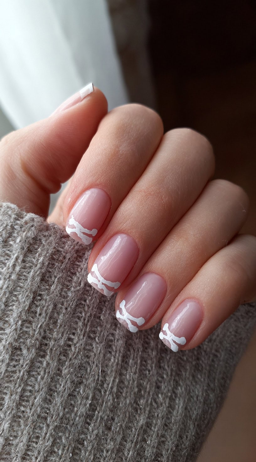 Short natural nails with sheer pink polish and white bone-shaped French tips, giving a subtle Halloween twist.