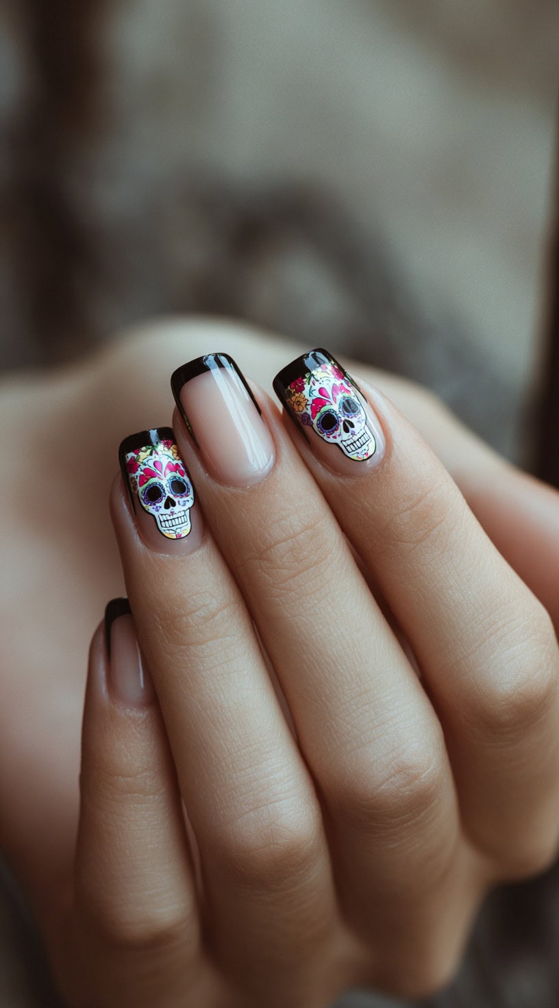 Classic French-tip nails with nude base and black tips, accented with colorful floral sugar skull designs on two fingers.