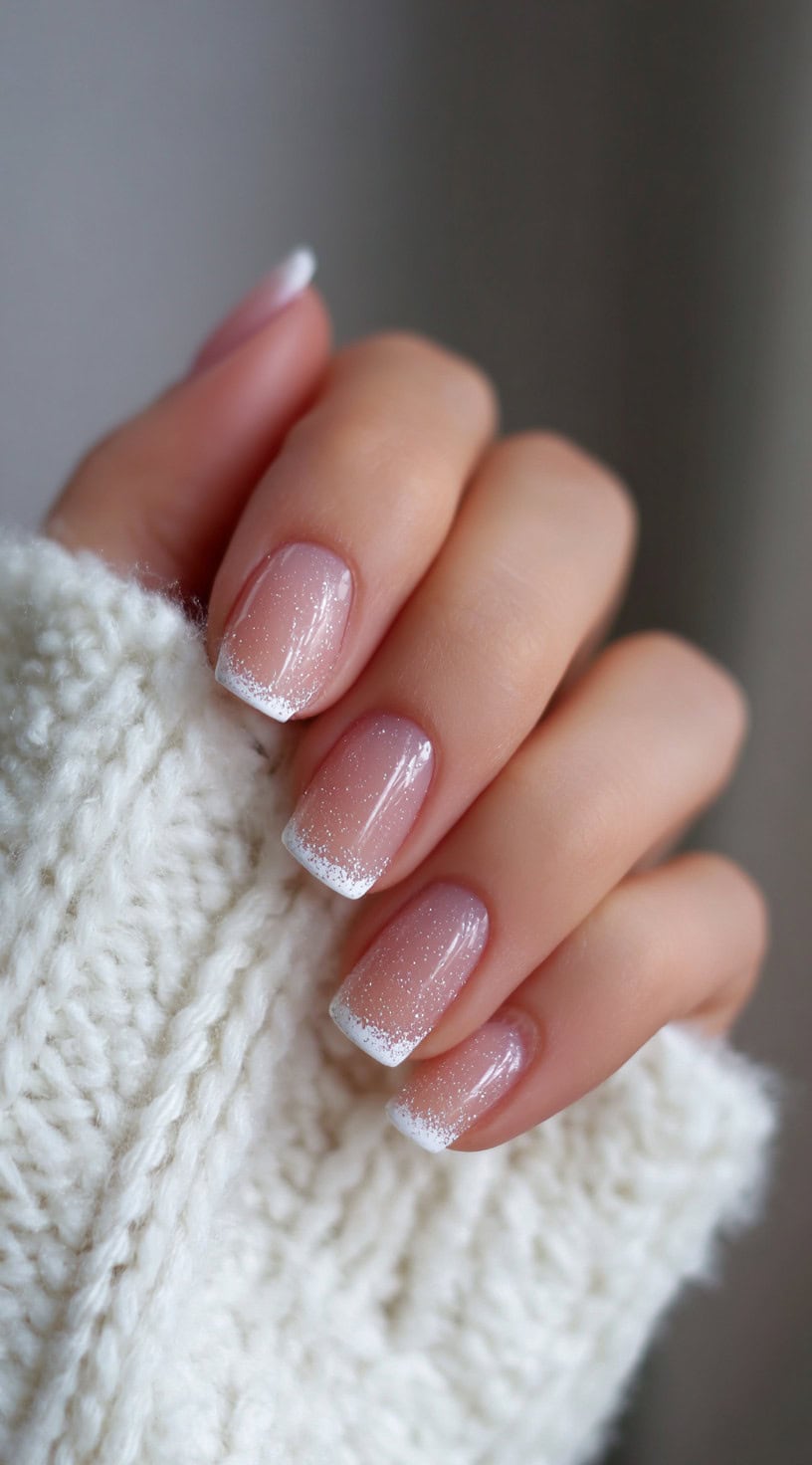 Square-shaped nude nails with white frosty glitter French tips and a glossy finish.