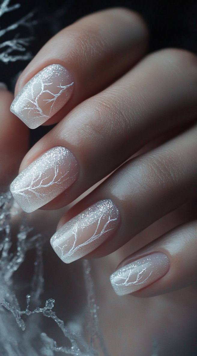 A close-up of short square nails with a sheer white frosty gradient, delicate silver branch designs, and a dusting of fine shimmer.