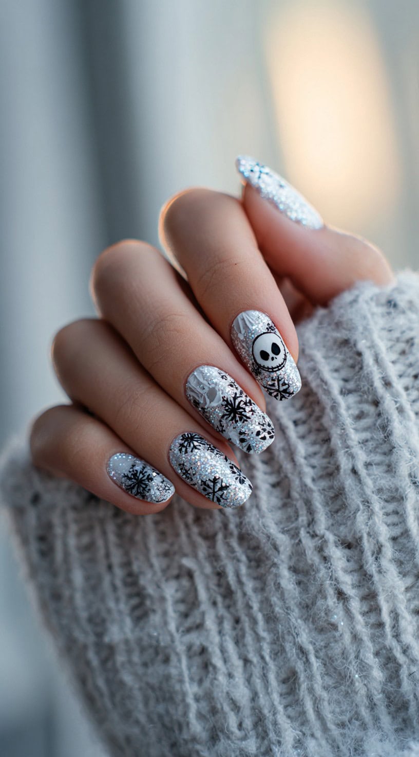 Long almond nails with silver glitter base, black snowflakes, and a Jack Skellington face on one nail.