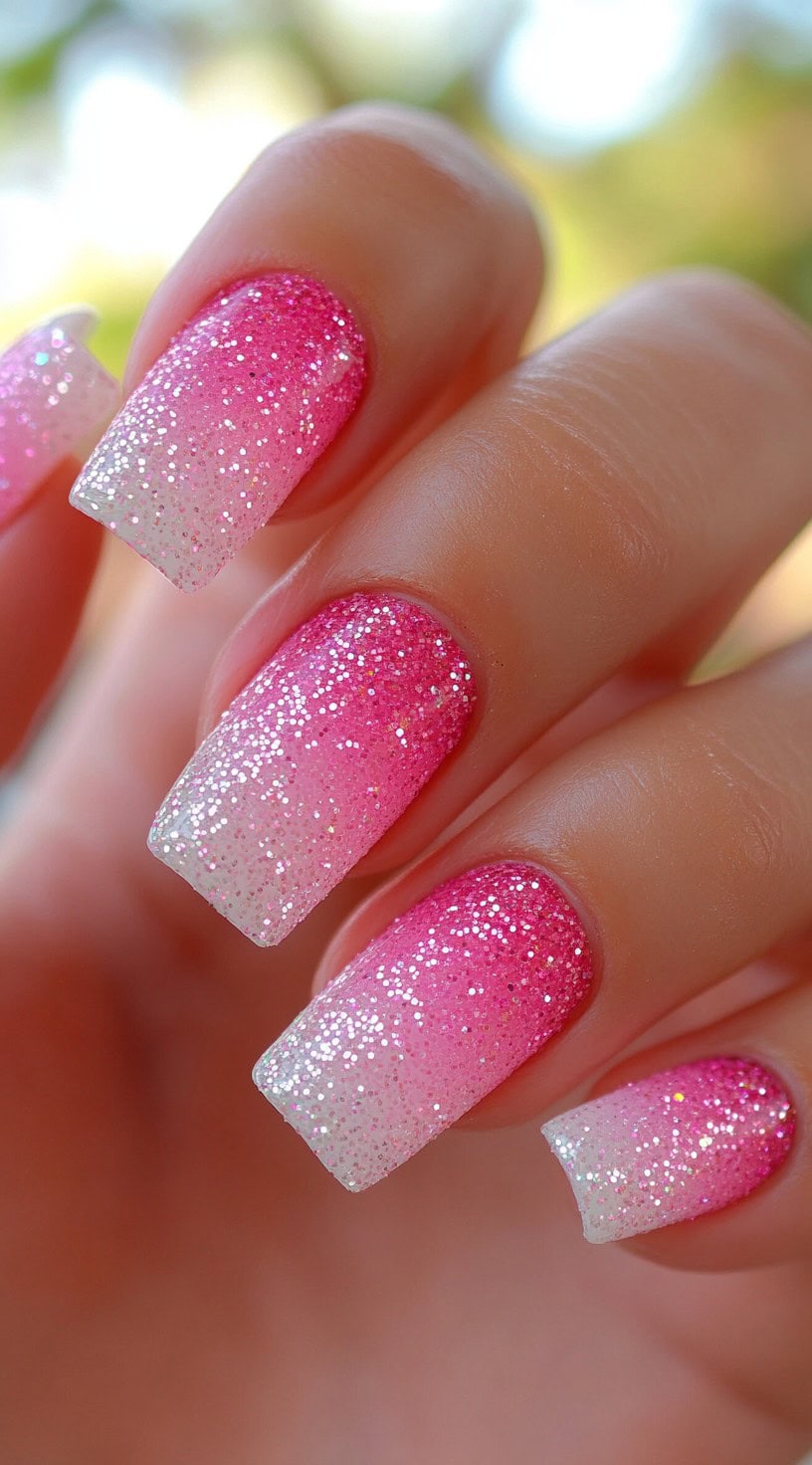 A hand with square-shaped nails in a pink-to-white glitter ombré with a full-coverage sparkly finish.